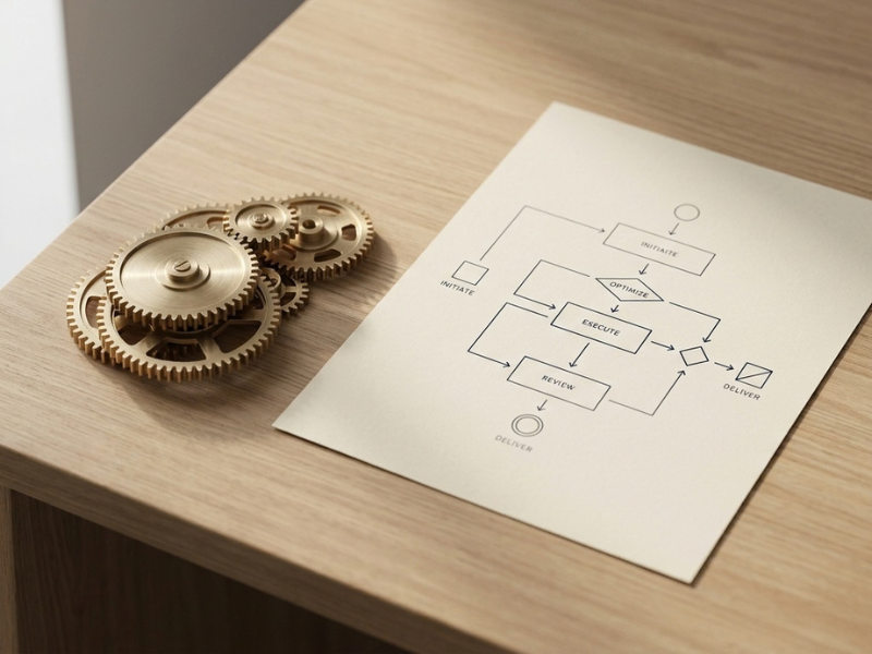 Process flowchart and brass gears on a desk