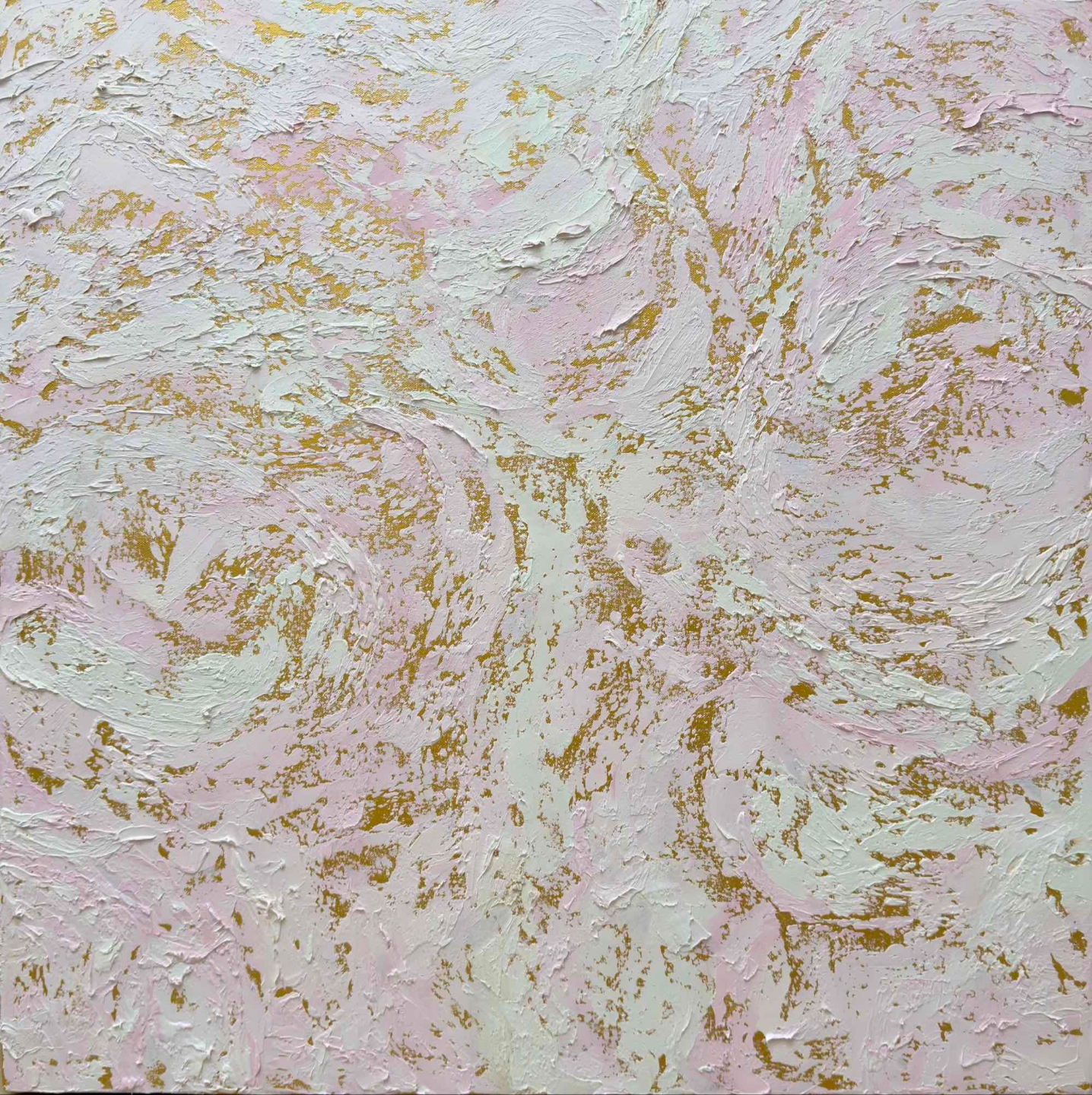 The Music of Love - Light Energy Art abstract painting with pink and creamy white dynamic swirls on a gold background