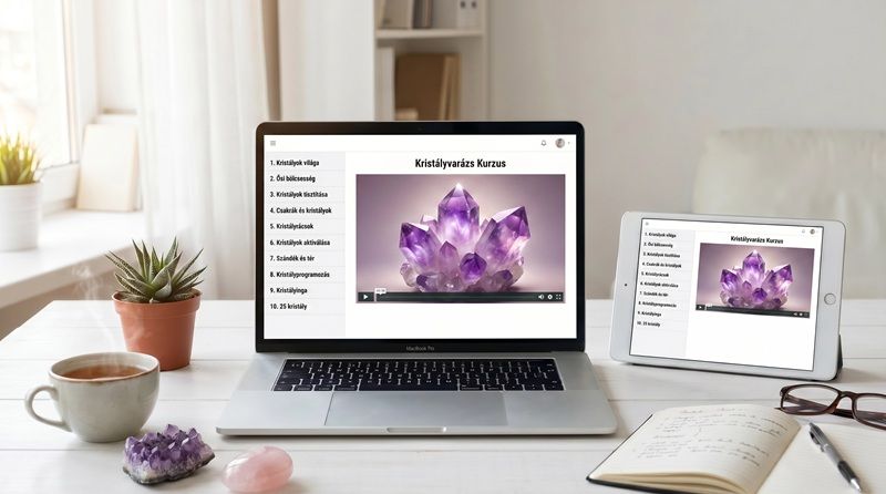 Kristályvarázs Kurzus – online tanulói felület laptopon és tableten