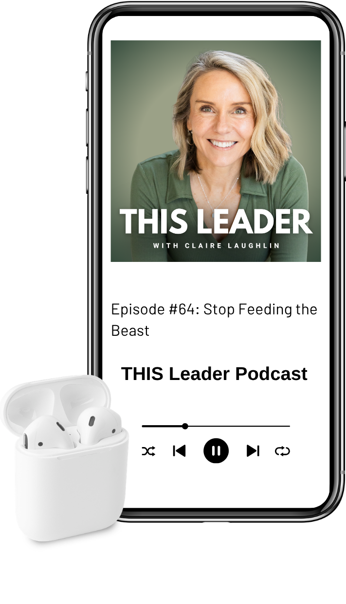 Mock up of podcast episode on phone with air pods Episode #64 "Stop Feeding the Beast" with Podcast cover art