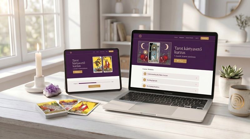 Tarot Kártyavető Kurzus – online tanulói felület laptopon és tableten