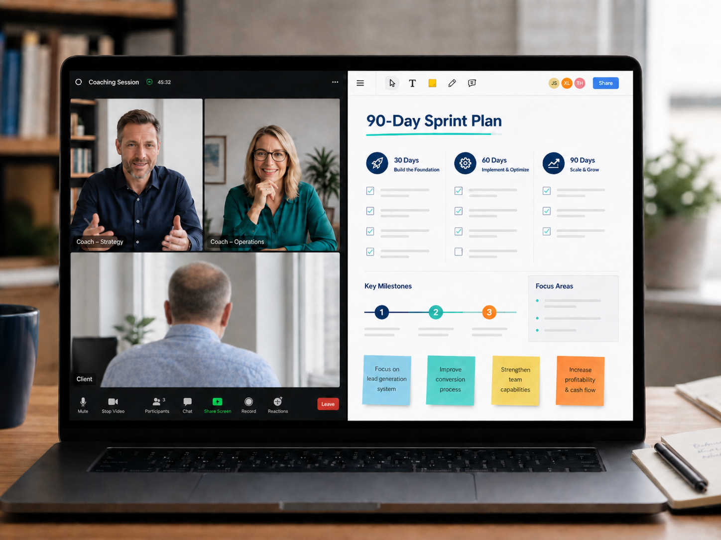 Zoom coaching session showing a 90-Day Sprint Plan