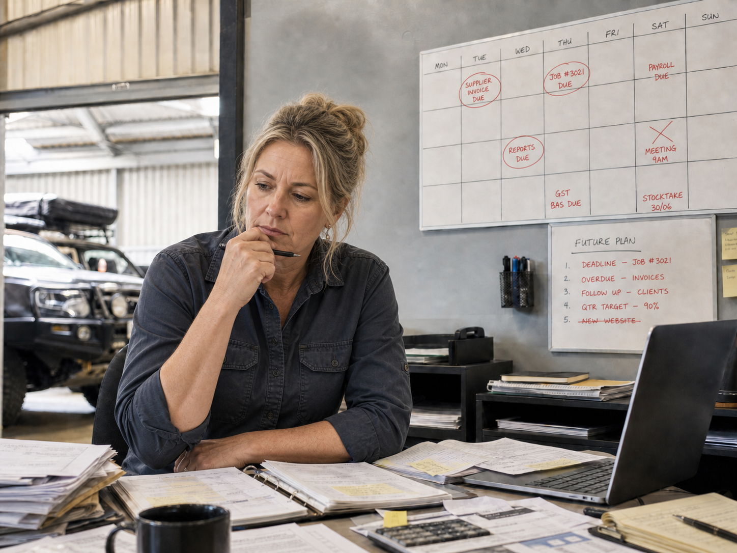 Business owner feeling stressed and behind, with deadlines and paperwork building up
