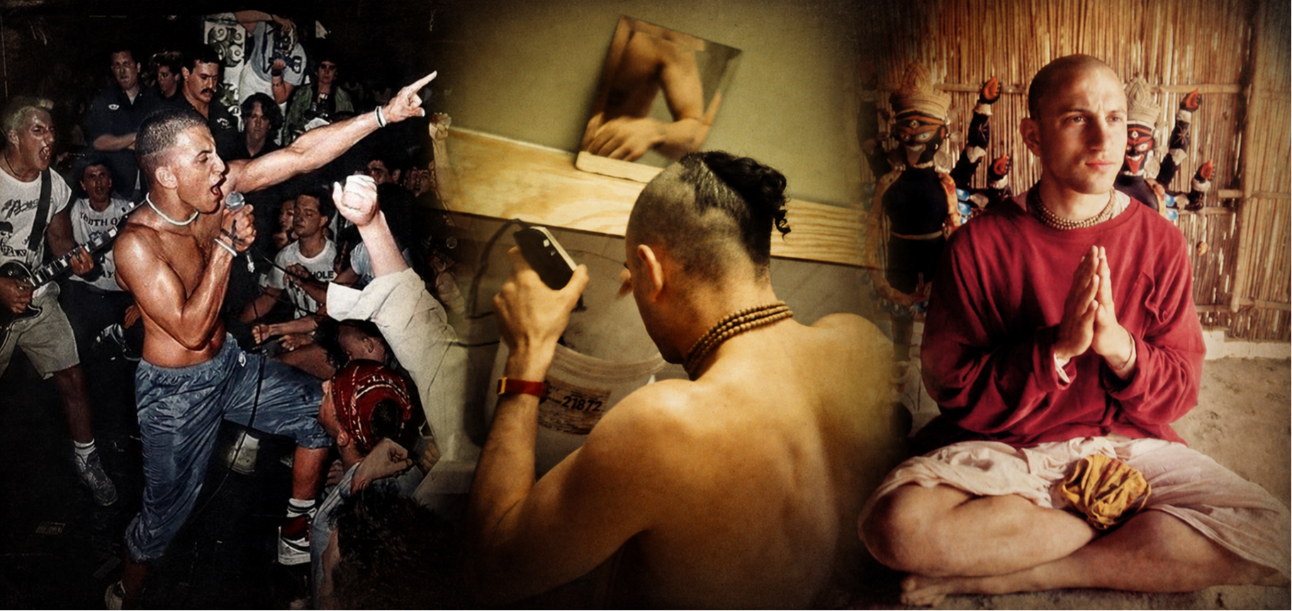 Triptych showing Ray “Raghunath” Cappo’s transformation—from hardcore punk concert performance to head shaving and monk life in India—illustrating his journey from punk musician to bhakti yoga practitioner