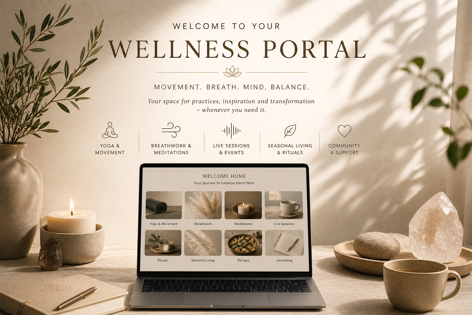 Din digitale wellness-destinasjon  Et levende univers for balanse, energi og indre transformasjon  Dette er mer enn en medlemsportal. Det er et sted du vender tilbake til – igjen og igjen.  Et rom hvor du kan lande i kroppen, roe nervesystemet og bygge en dypere kontakt med deg selv.  Her møtes det myke og det kraftfulle. Stillhet og bevegelse. Struktur og frihet.  Du får tilgang til en helhetlig praksis som støtter deg – gjennom alle faser, sesonger og behov.  Dette får du som medlem  ✨ Ukentlige LIVE-praksiser Bli guidet i sanntid gjennom yoga, meditasjon og breathwork – en dedikert pause hvor du blir holdt, sett og inspirert  ✨ Et rikt bibliotek av praksiser – Dynamisk Yoga, Vinyasa & Slow Flow – Yin Yoga & Mindful Restorative – Yoga Nidra & guidede meditasjoner – Pustearbeid for regulering av nervesystemet  ✨ Eksklusive lydfiler & dypere reiser Meditasjoner, Yoga Nidra og pustereiser skapt for å gi deg ro, klarhet og indre styrke  ✨ Transformerende Breathwork Både live og on-demand for å frigjøre spenninger og åpne opp for ny energi  ✨ MicroMagics – små praksiser for hverdagen Korte, effektive økter når tiden er knapp – og dypere reiser når du ønsker å gå lengre  ✨ Live events & utvalgte replays Bli en del av noe større – og få tilgang til det mest verdifulle innholdet i etterkant  ✨ Ritualer, refleksjon & sesongbasert inspirasjon Myke verktøy som hjelper deg å leve mer i takt med kroppens rytmer og naturens sykluser  En praksis som gir resultater  Dette er for deg som ønsker mer enn bare trening  – Du vil forstå og støtte nervesystemet – Du vil kjenne mer energi og flyt i hverdagen – Du lengter etter en praksis som faktisk gjør en forskjell – Du er klar for å prioritere deg selv – på et nytt nivå  Følelsen du går inn i  Ro i kroppen Klarhet i hodet Kontakt med hjertet  Og en dypere, mer ekte versjon av deg selv  En investering i deg  Dette er ditt rom for å justere, styrke og lande – igjen og igjen  Når du trenger energi Når du trenger ro Når du trenger å komme hjem til deg selv  Velkommen inn ✨