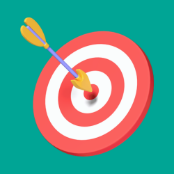 green background with a round red and white striped target with a blue arrow with red tip and wings has hit the centre bullseye