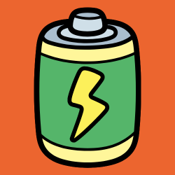 orange background with a cartoon style image of a battery with a yellow and green striped cover with a yellow lightening bolt in the centre