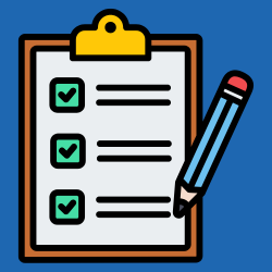 Blue background with a cartoon style image of a clipboard, blue pencil, lines and ticks in boxes