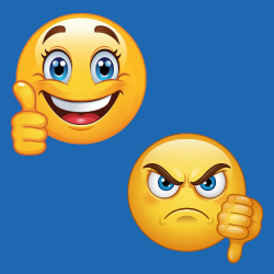 blue background with smiley thumbs up emoji in top left corner and frowning thumbs down emoji in bottom right corner