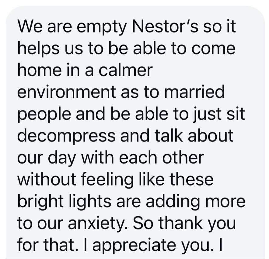 testimonial from an empty nester saying that the calmer lights they added have made it a much more relaxing and enjoyable home