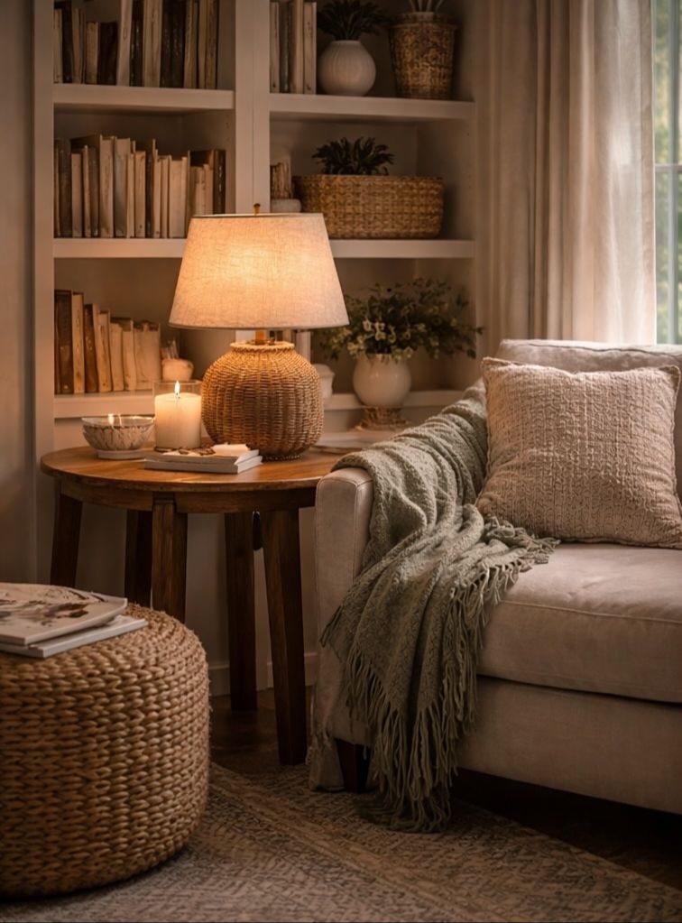 cozy reading corner with a lamp on. there is a built in bookshelf behind and in front is a beige colored couch with a pillow and sage green throw blanket