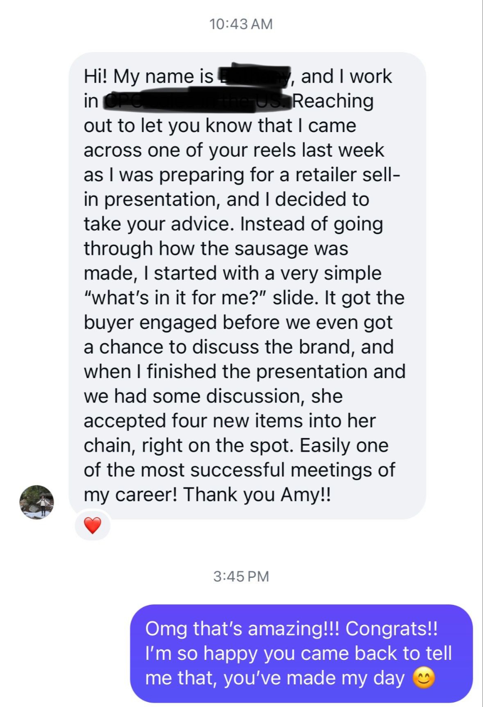 Direct message from a reader who used the framework before a retail presentation and had four products accepted on the spot