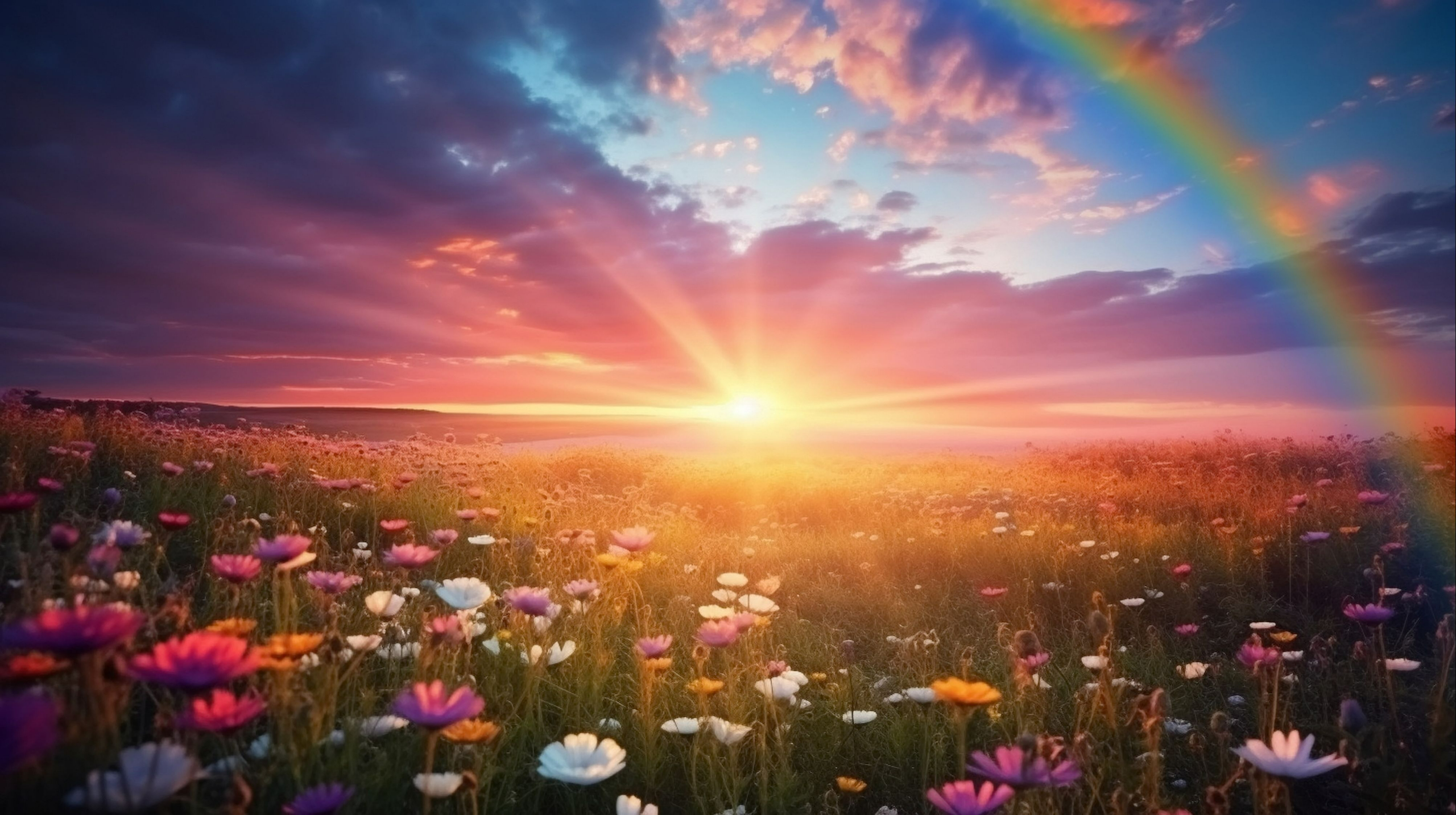 May flowers at sunset with a rainbow