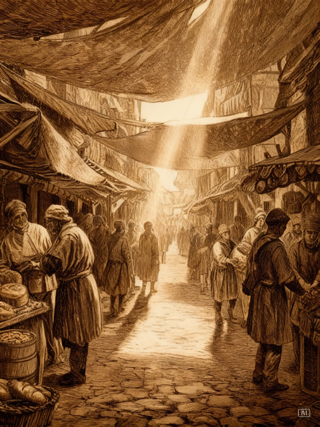 Medieval market fair, woodcut style — two traders meeting in a handshake over a wooden table.
