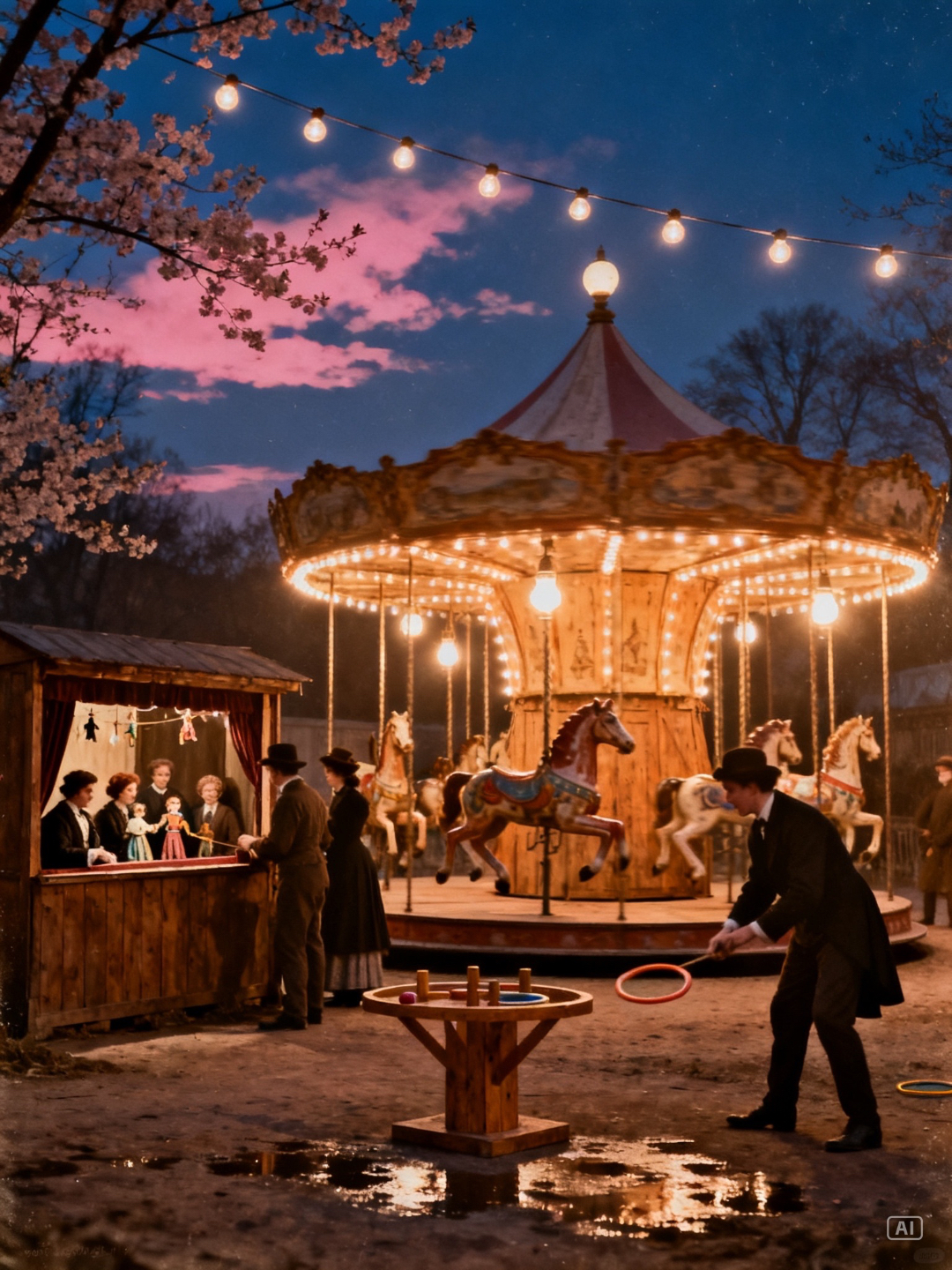 Victorian fairground at twilight — painted carousel horses, strings of warm bulb lights.