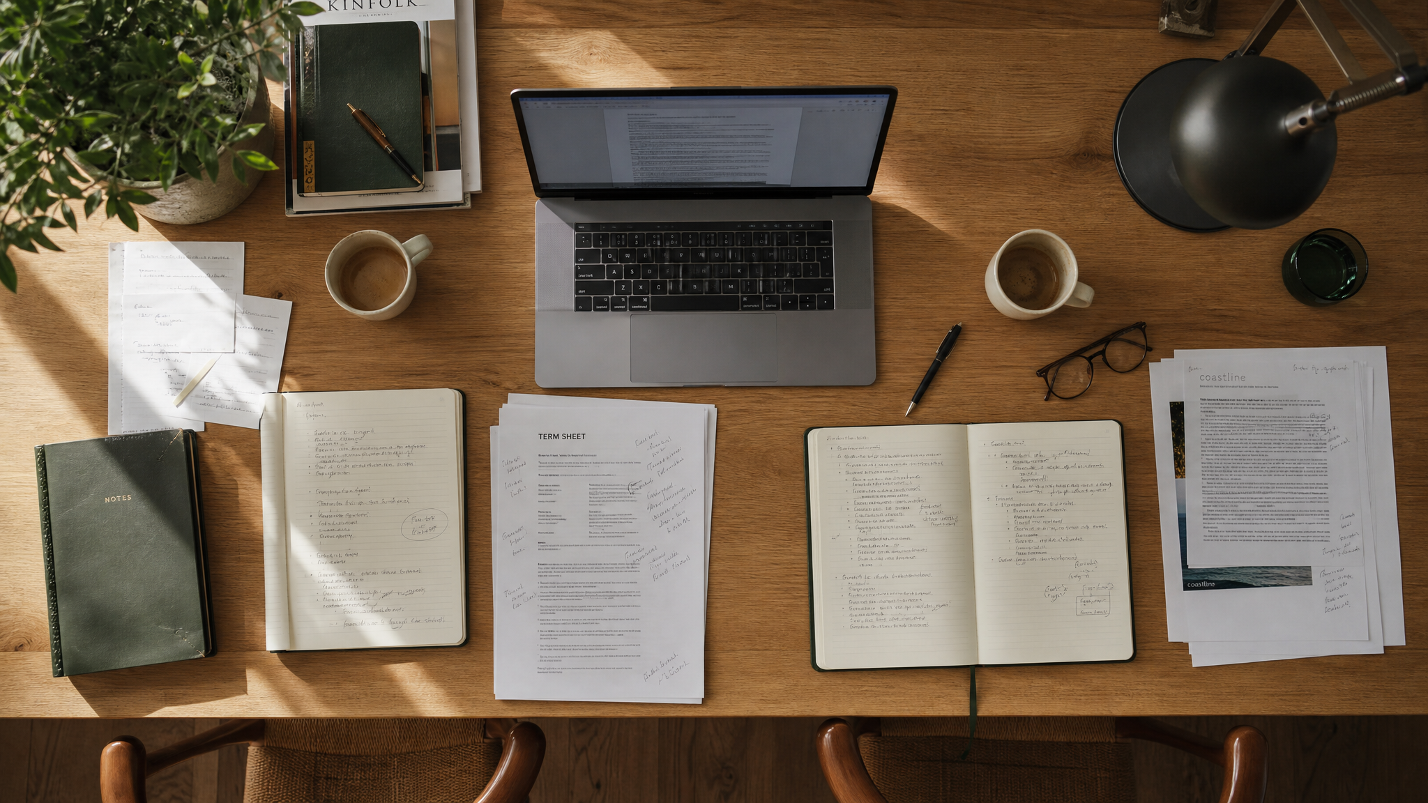 One founder, one screen, one notepad — preparing to scope a deal.