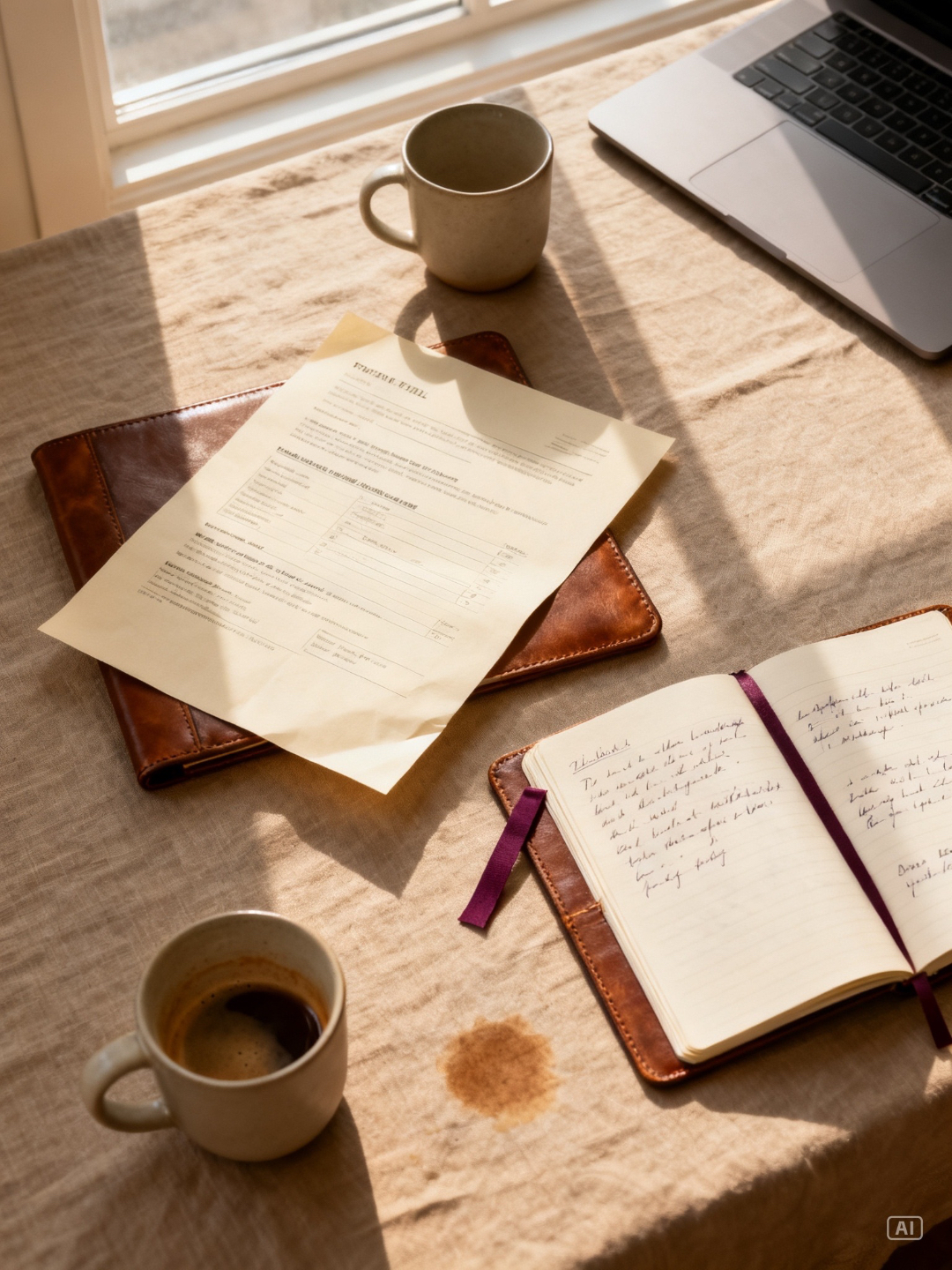 Modern desk — closed laptop, two coffees, two notebooks, soft side-light.