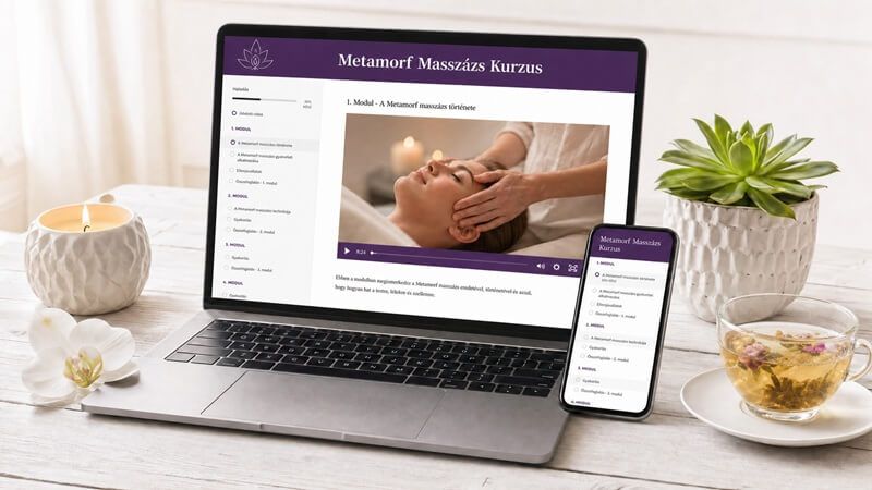 Metamorf Masszázs Tanfolyam – online tanulói felület laptopon és mobilon