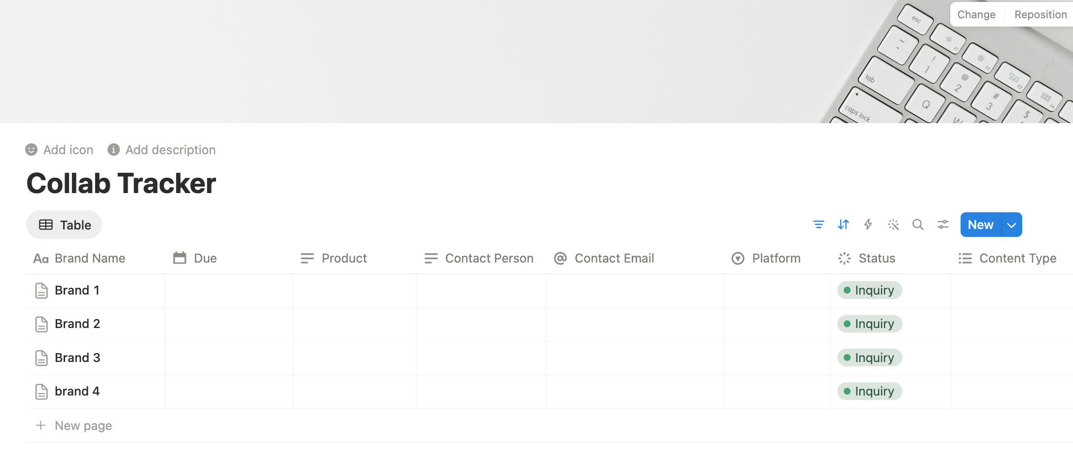 The Collab Tracker page inside the Notion template, showing brand name, due date, product, contact person, contact email, platform, and status columns for tracking UGC collaborations