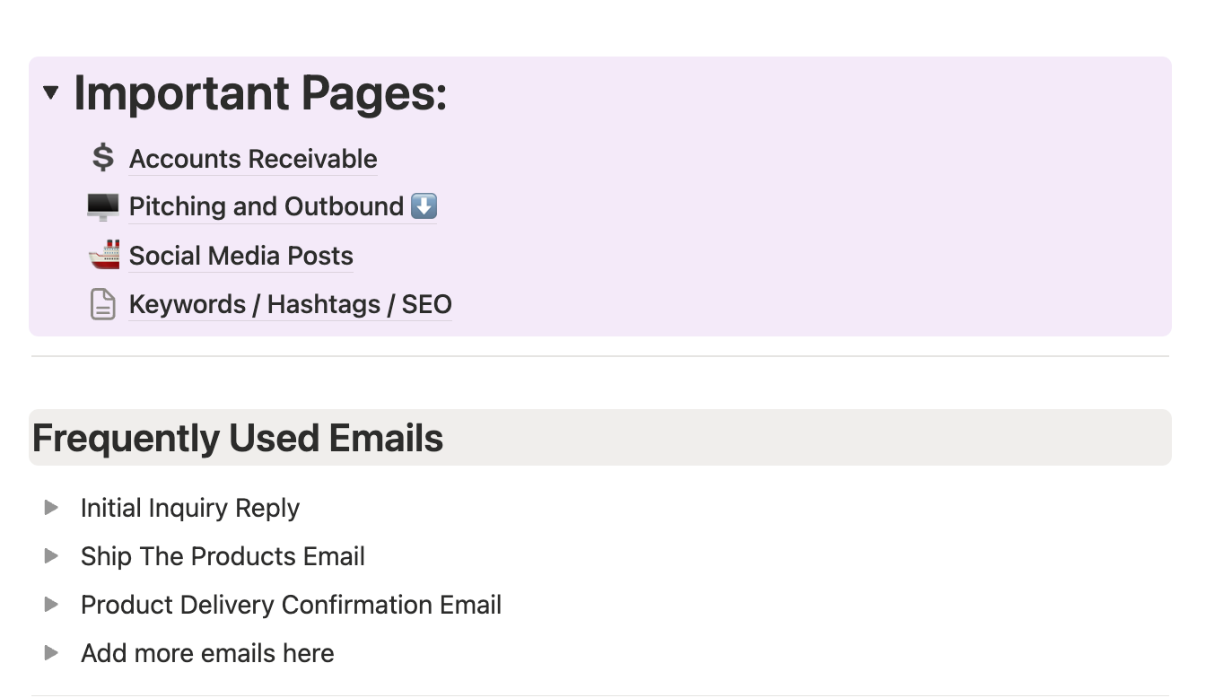 The Important Pages hub inside the UGC Operating System Notion template — central navigation linking to Accounts Receivable, Pitching and Outbound, Social Media Posts, and Keywords/Hashtags/SEO