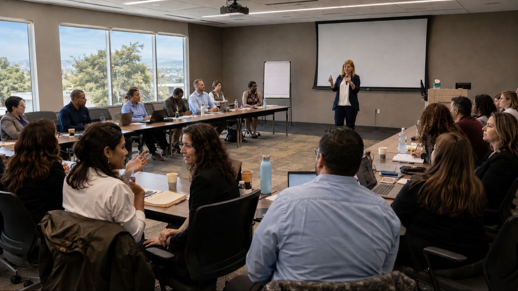 Dr. Janel Anderson facilitating a leadership communication training workshop for executives and managers