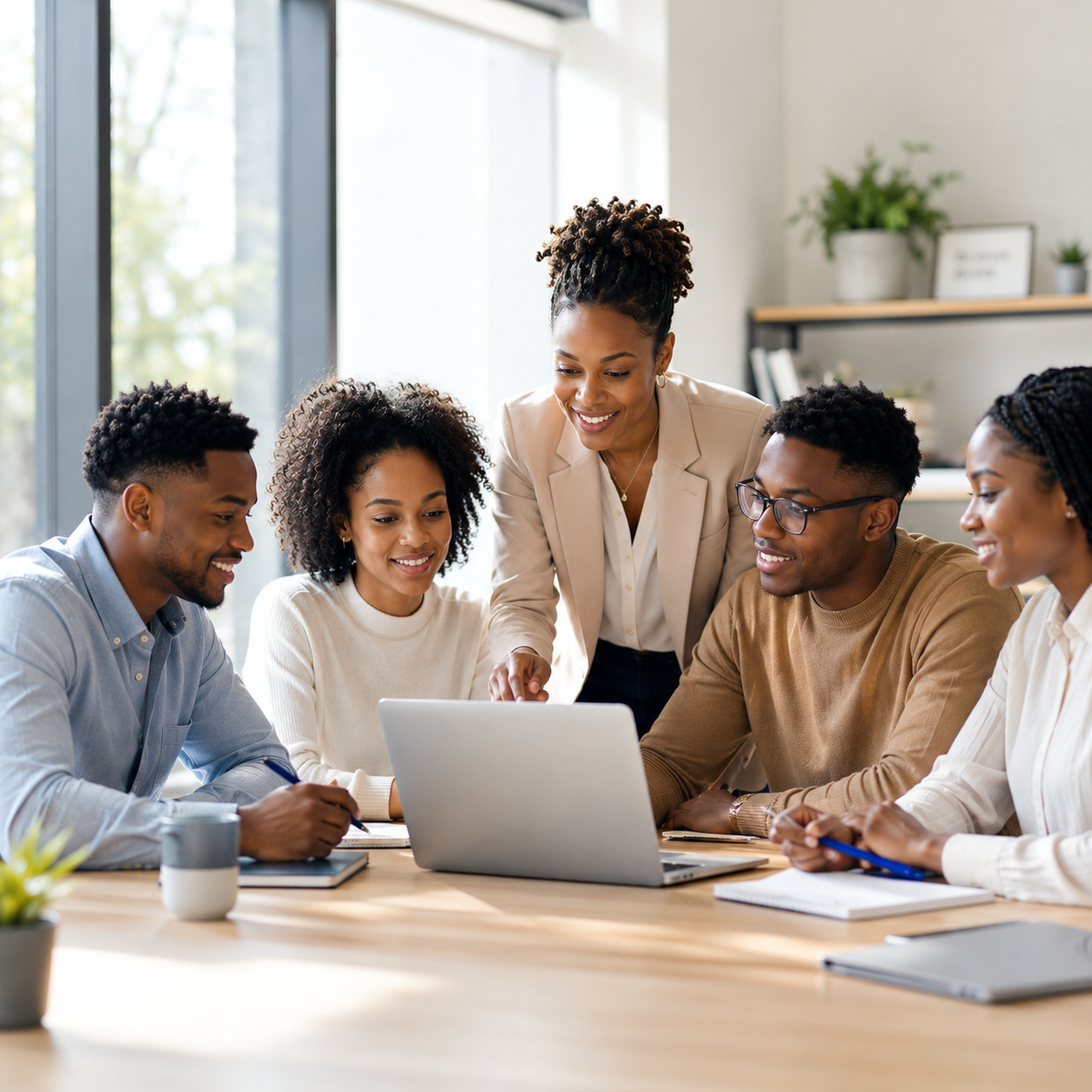 Black students and professionals collaborating around a laptop in a bright, modern learning and work setting