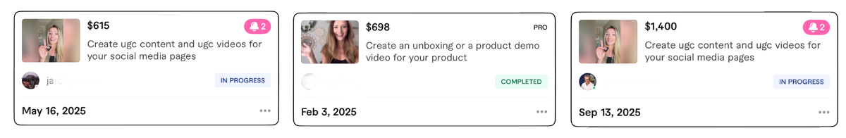 Real Fiverr UGC orders from Anna Mongiello showing $615, $698, and $1,400 brand deals — premium UGC pricing on Fiverr