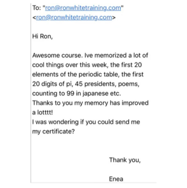 Student memory improvement testimonial screenshot