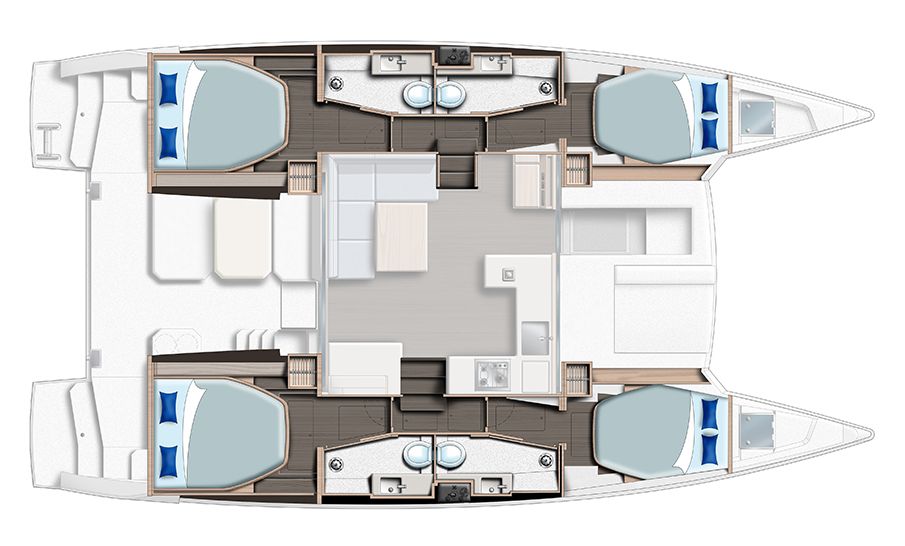 Bird's eye view of the catamaran's layout: Two cabins in the front, two cabins in the back, with the dining/kitchen area in the middle. The front and back sides of the boat have sitting areas.