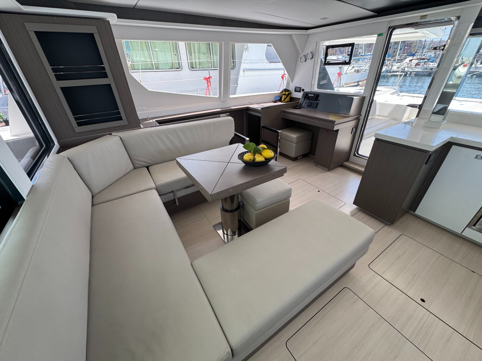 Spacious dining area on a catamaran boat