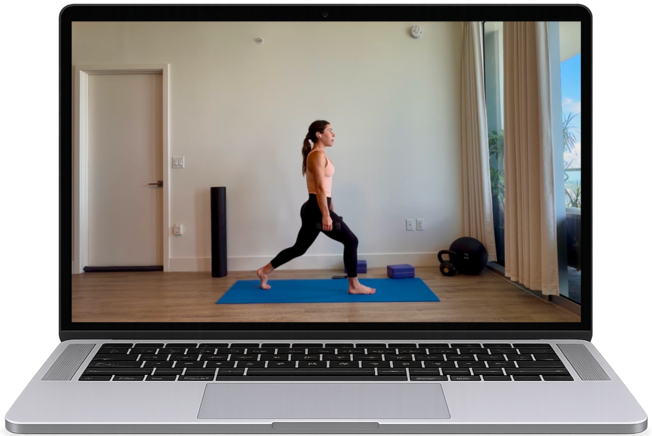 Laptop screen showing Jennah Jacobs demonstrating a lunge during an online class.