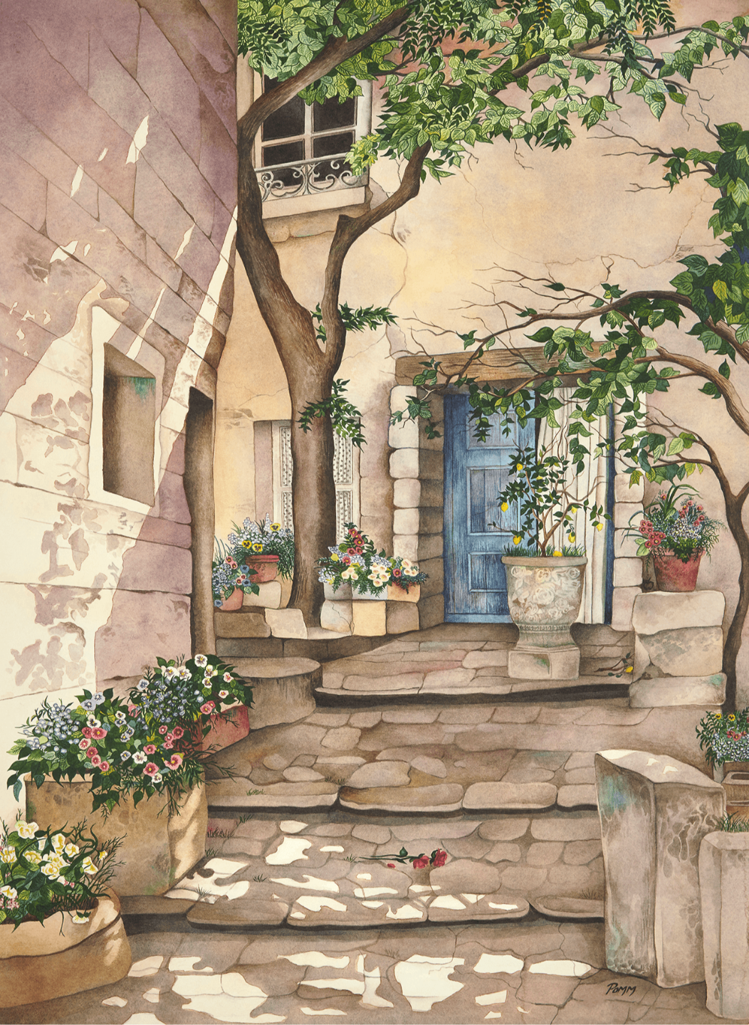 Courtyard Romance — original watercolor by Pomm