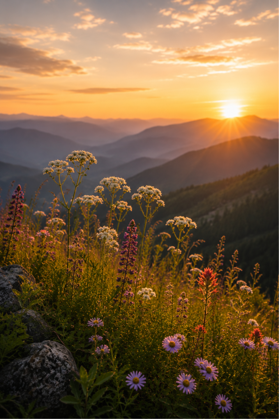Wildflowers glow in warm golden sunlight along a mountain hillside, with layers of soft blue mountains stretching into the distance beneath a peaceful sunset sky.
