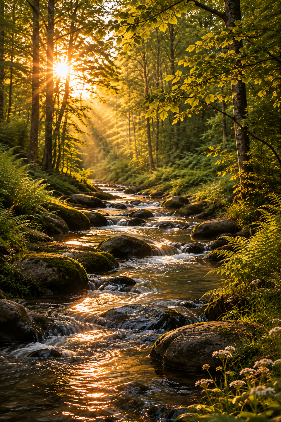 Sunlight filters through a lush forest as a gentle stream flows over moss-covered rocks, creating a peaceful nature scene with warm golden light and vibrant green trees.