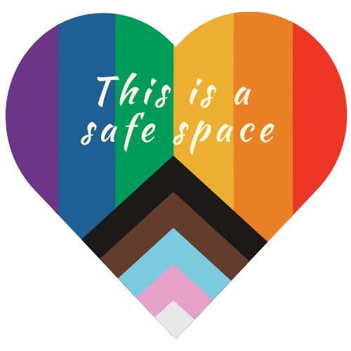 "This is a safe space" written on a rainbow colored heart