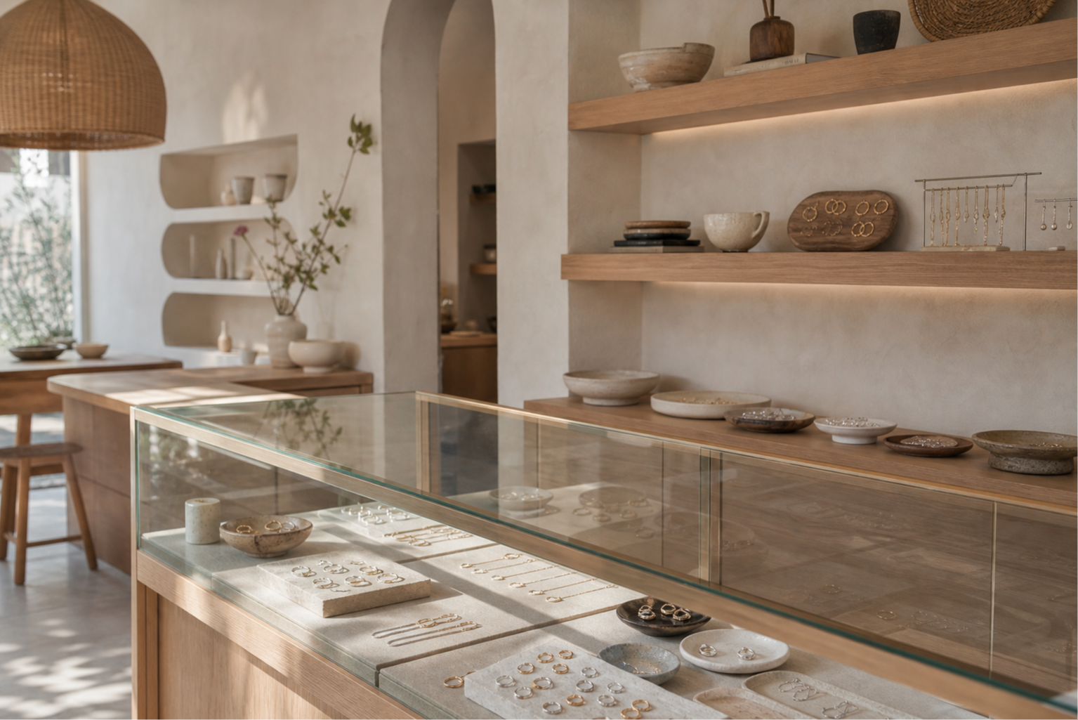 A warm jewellery boutique with a glass cabinet and shelf displays