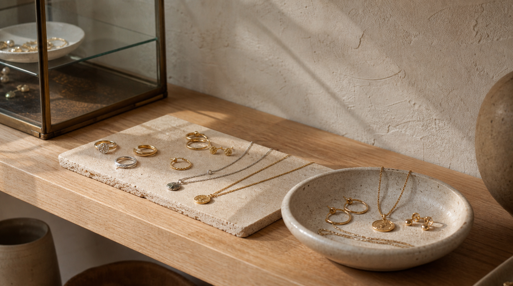 Fine jewellery arranged on a warm wooden boutique shelf