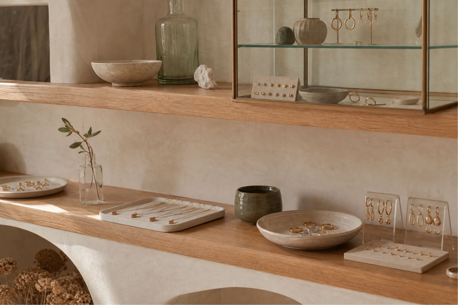Jewellery displayed on warm shelves inside a boutique
