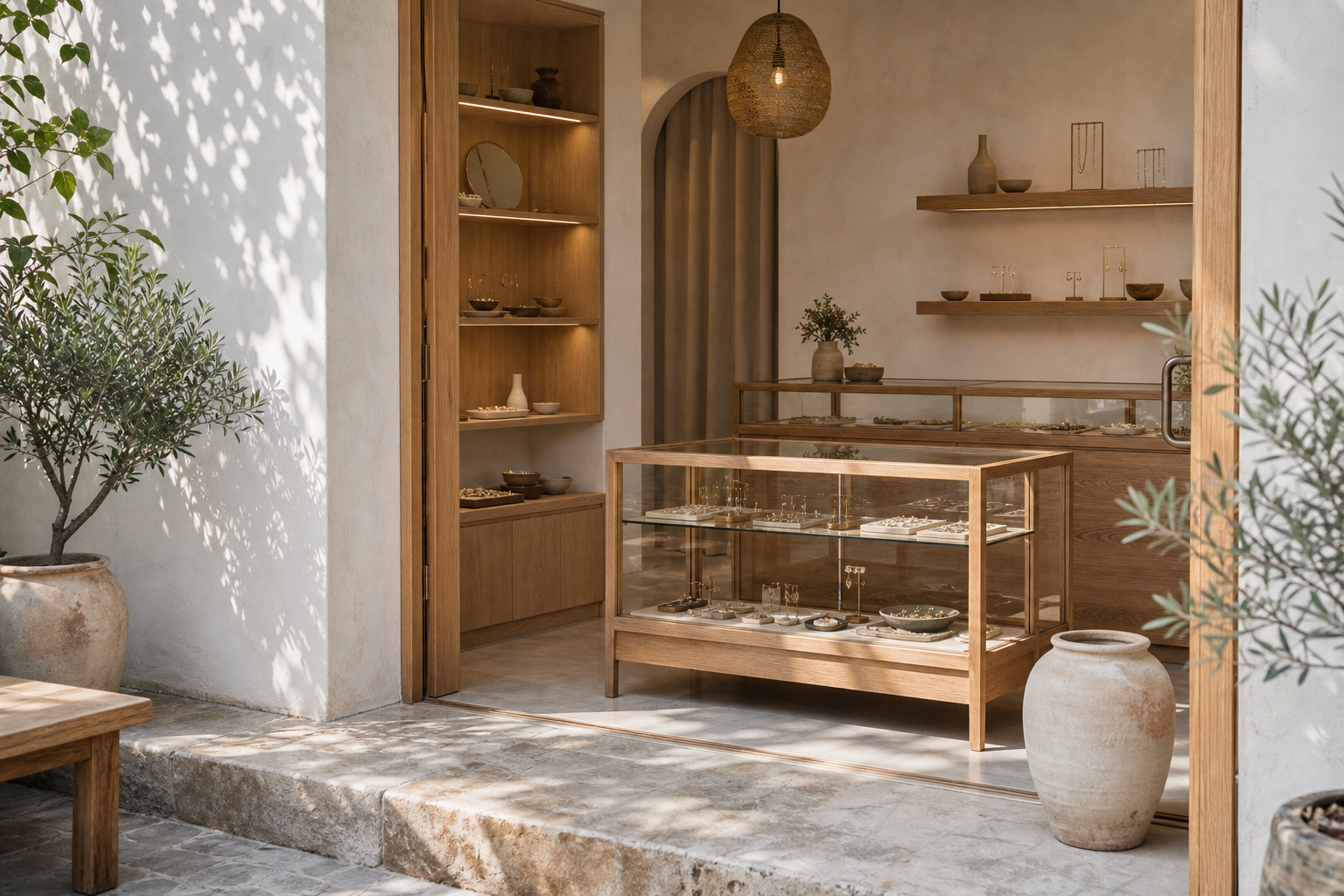 A light Scandinavian inspired jewellery boutique with glass display cases