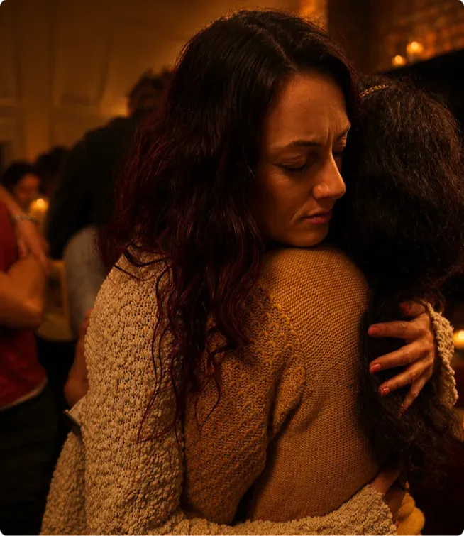 Woman embracing another participant during an emotional conscious intimacy retreat gathering