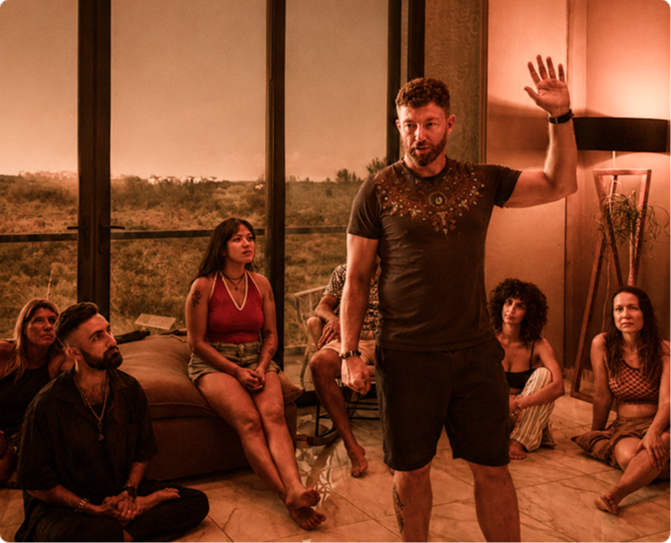 Ricky Goodall leading a conscious intimacy workshop while participants listen in a warmly lit group setting