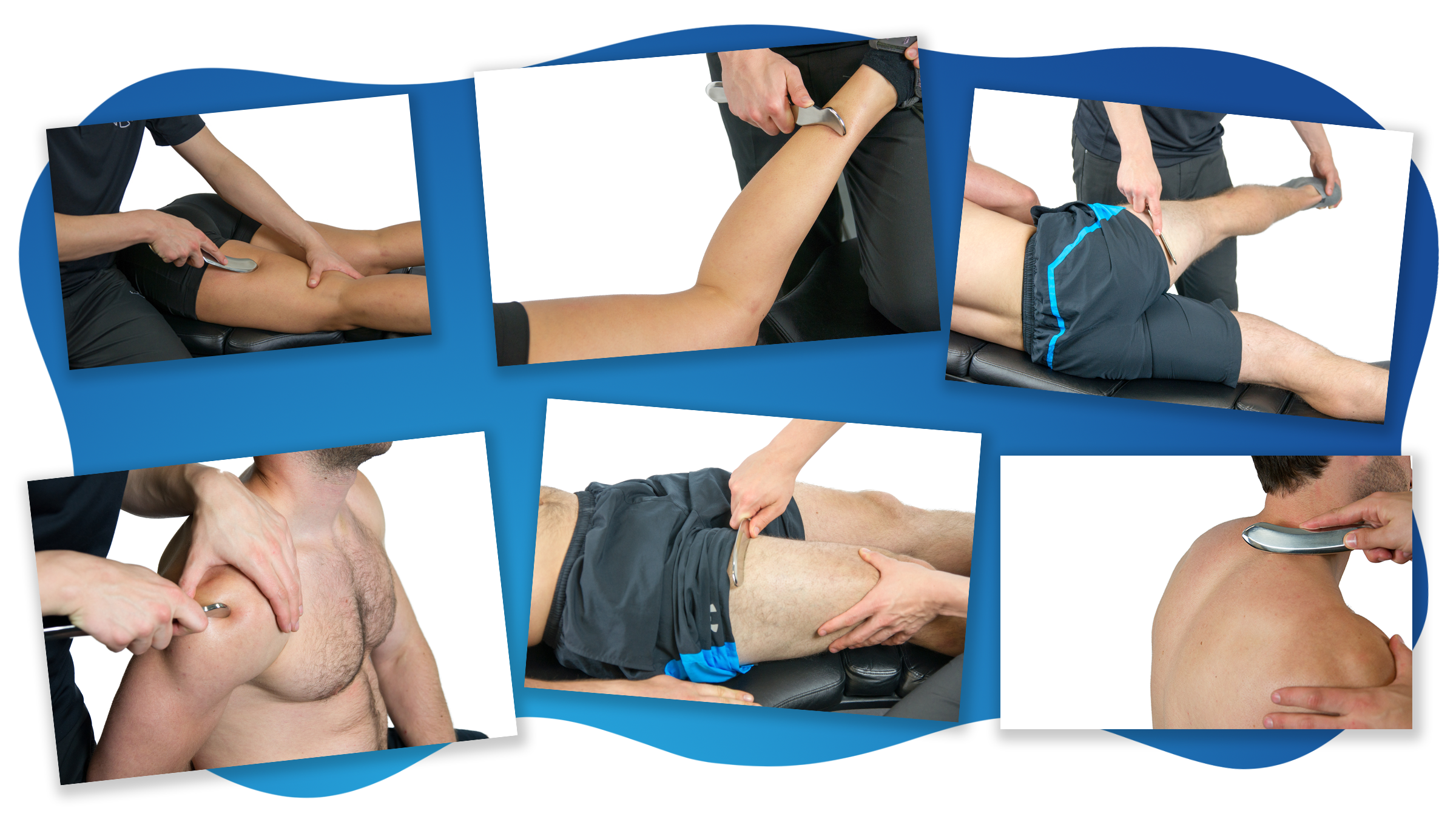 IAT® One IASTM tool in use montage – perfect all-purpose tool for scanning, trigger points and full-body treatments.