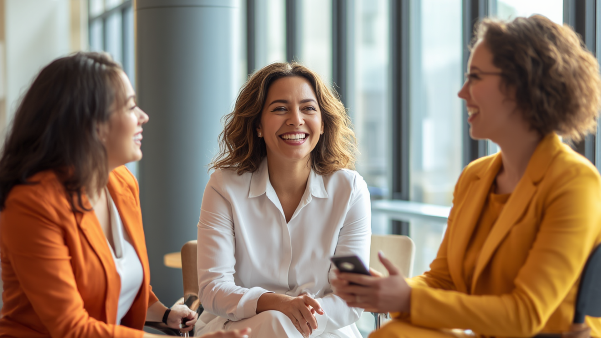 Three women talking and laughing