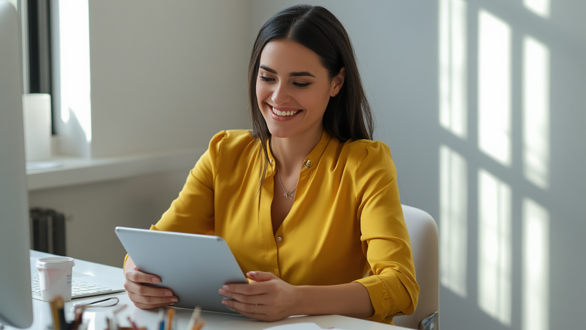 Photo of Woman in yellow looking at a tablet