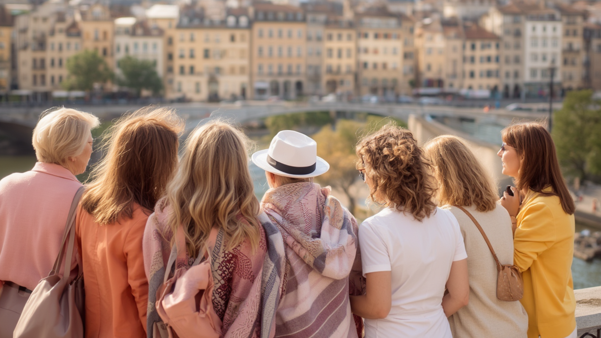 Group of women with bags and backpacks looking at a European city