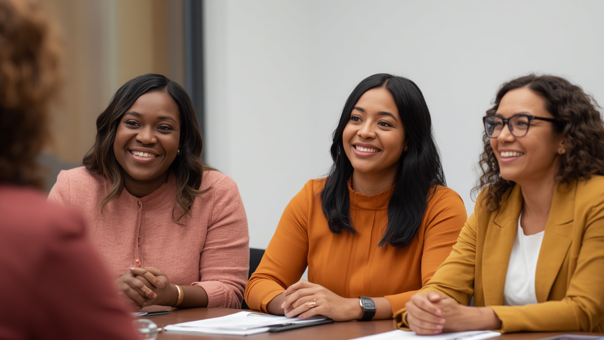 Three women smiling and listening to someone speak in an office