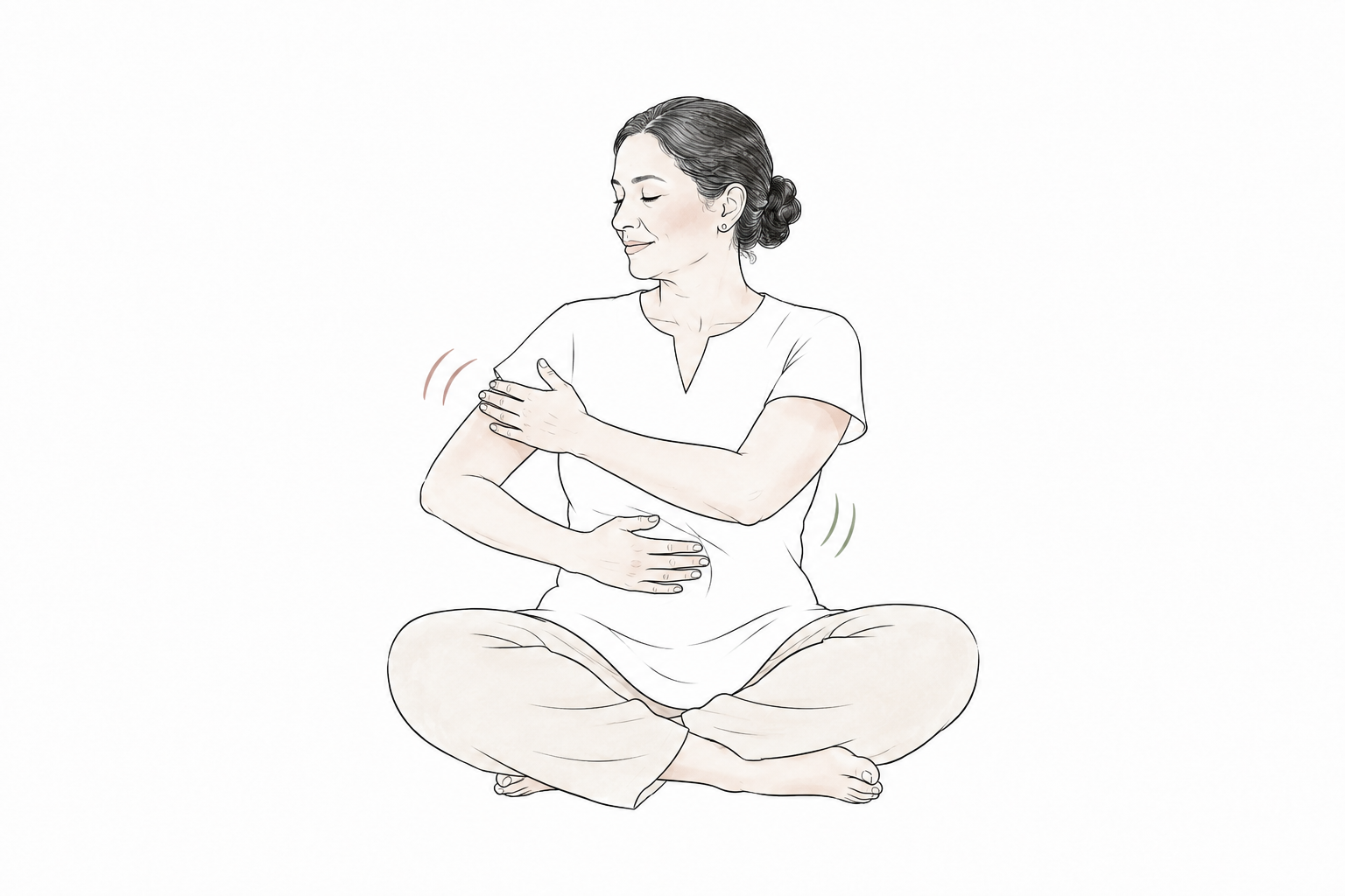 massage therapist learning light-touch work on herself