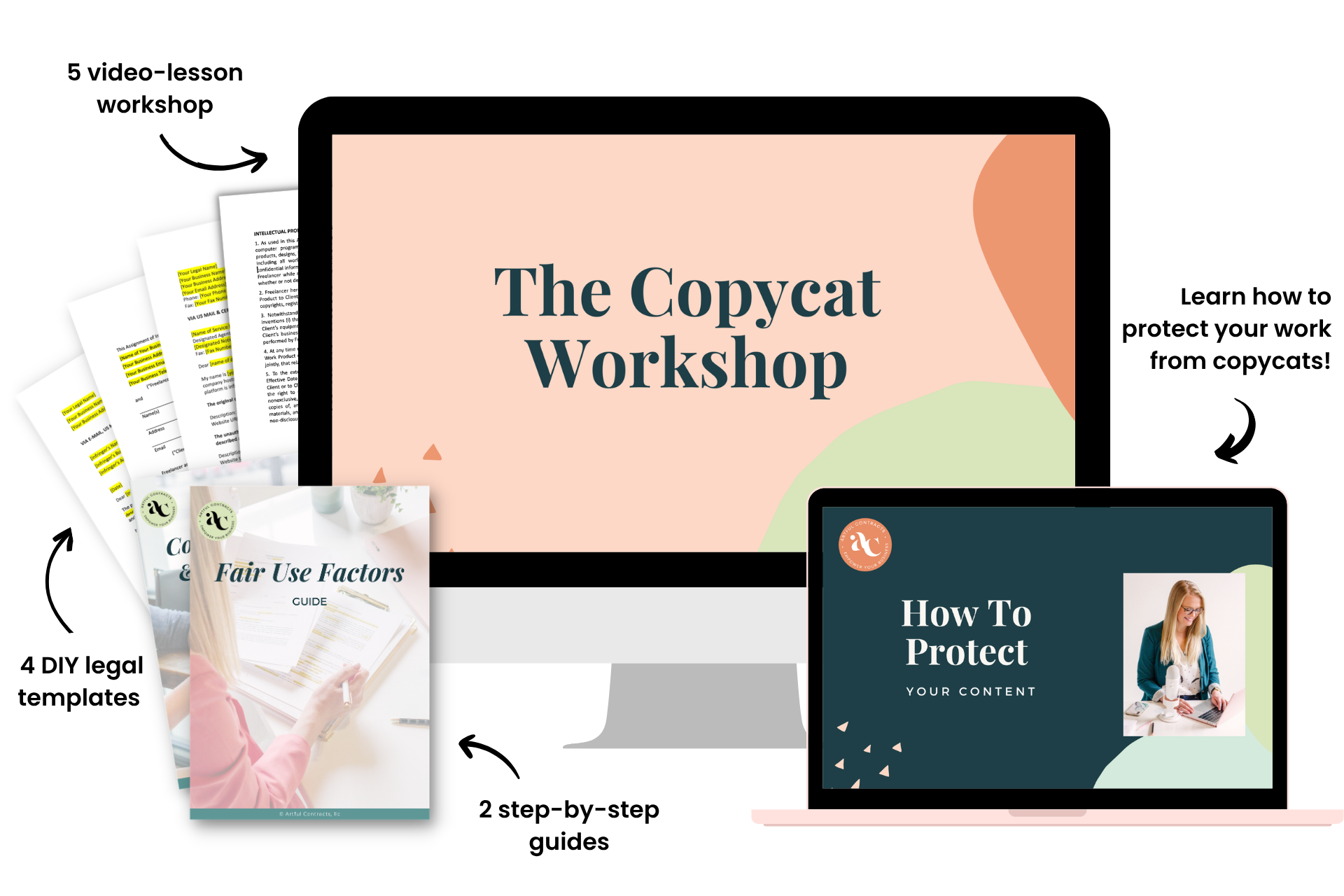 Mockup image showing a computer with the words The Copycat Workshop and images of 3 customizable legal templates