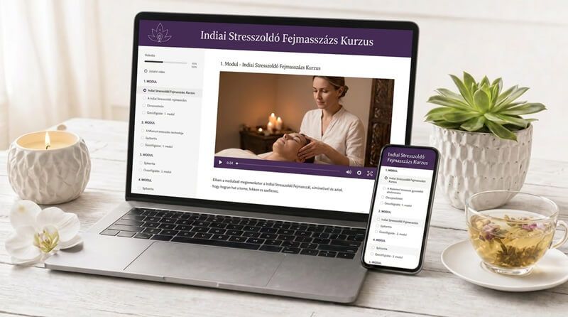 Indiai Stresszoldó Fejmasszázs Kurzus – online tanulói felület laptopon és mobilon