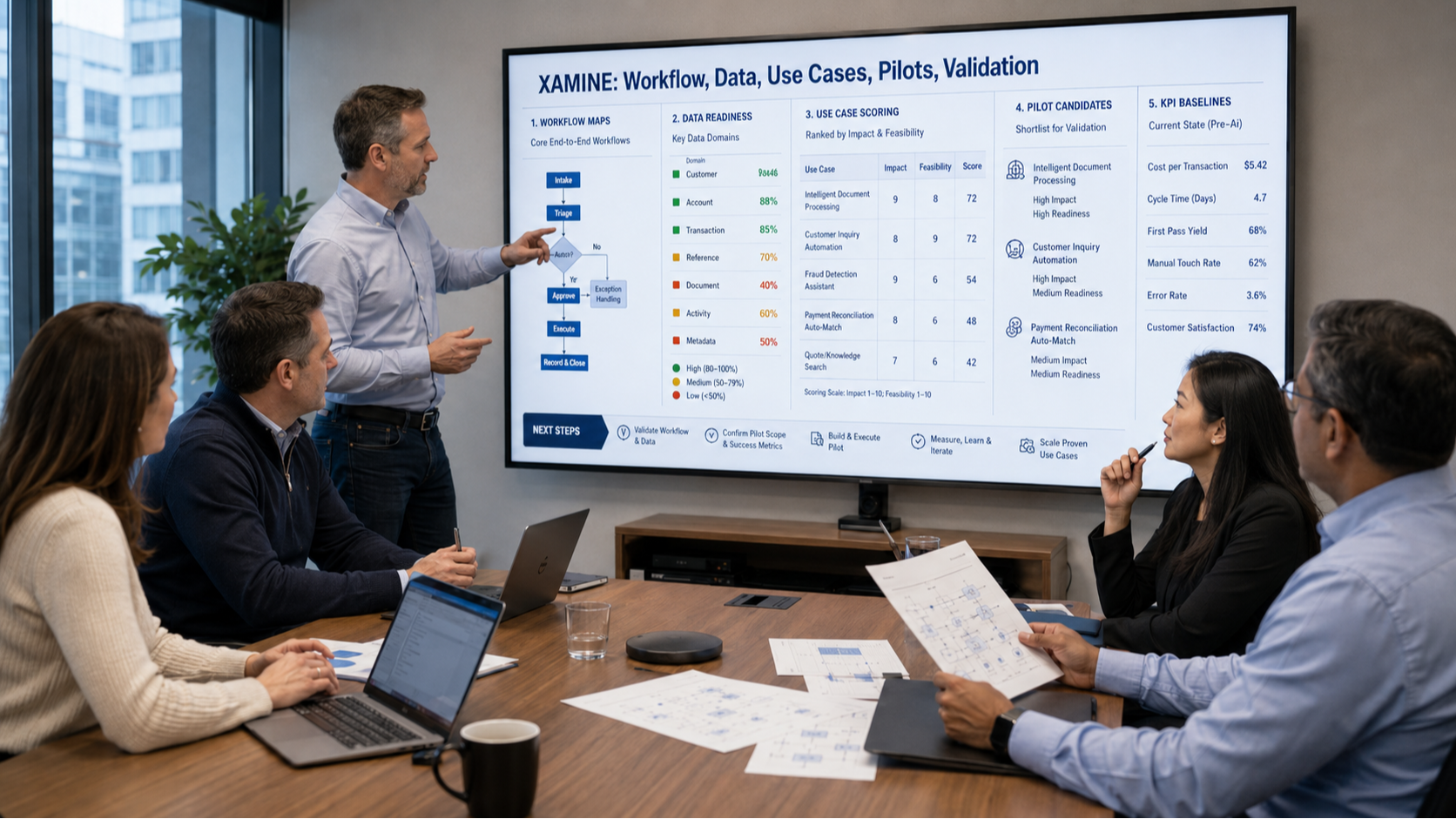 Executive leaders examine AI workflow opportunities, data readiness, use-case priorities, pilot candidates, and baseline metrics before committing resources to implementation. The XAMINE stage helps professional-service firms move from AI ideas to validated, evidence-based AI investments.